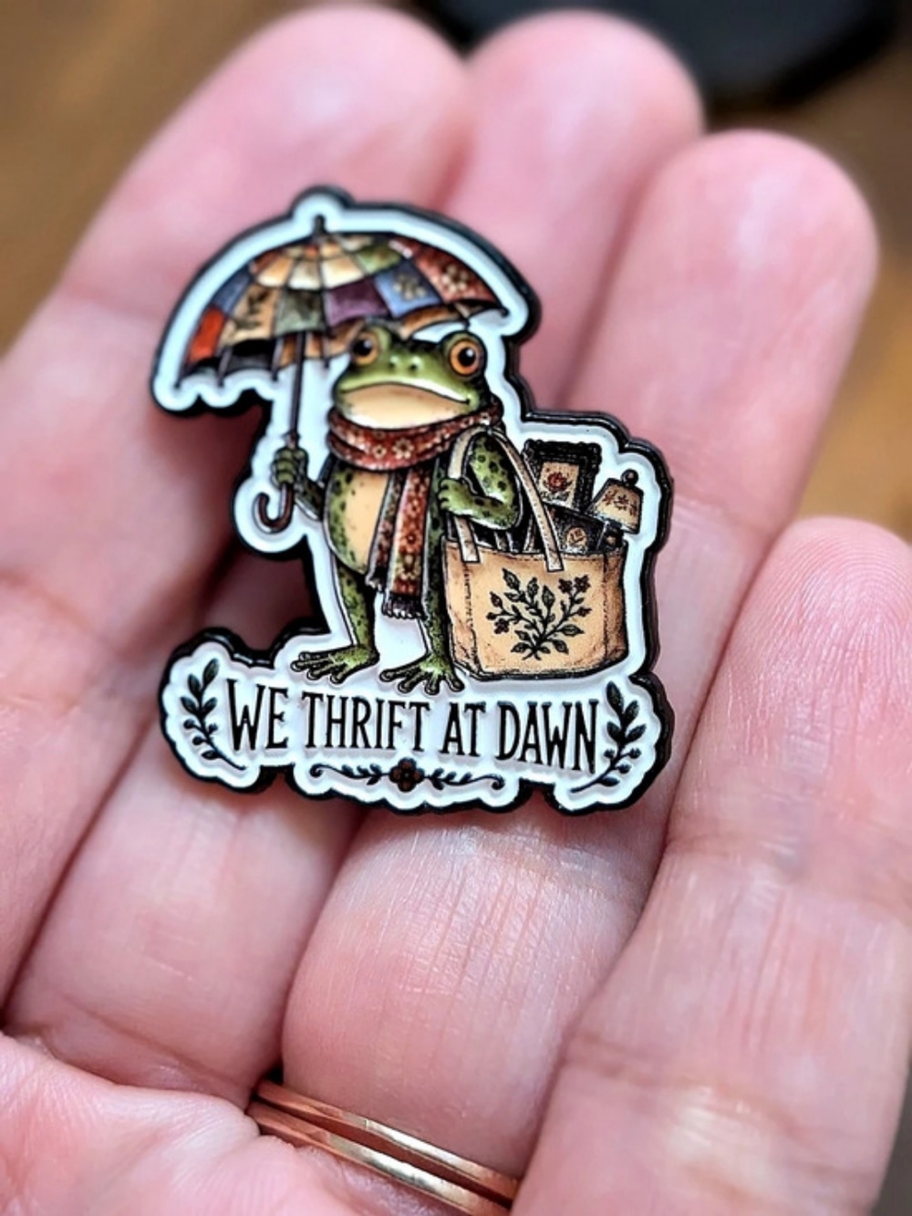 NWT Cute Frog "We Thrift At Dawn" Enamel Pin Cottagecore